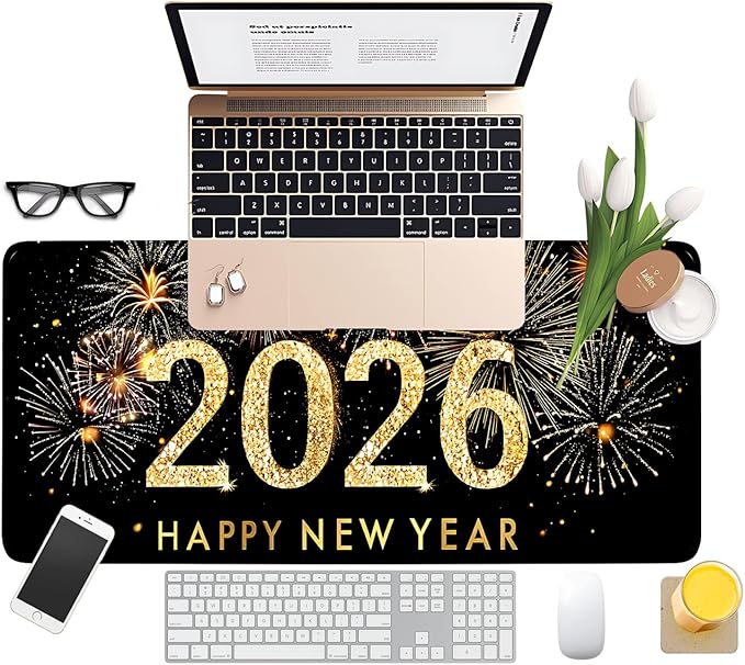 2026 Happy New Year Gaming Mouse Pad 31.5"x11.8"Desk Mat Anti-Slip Rubber Base & Durable Stitched Edges for Gamers Smooth Mouse Writing Surface for Desk Office/Home