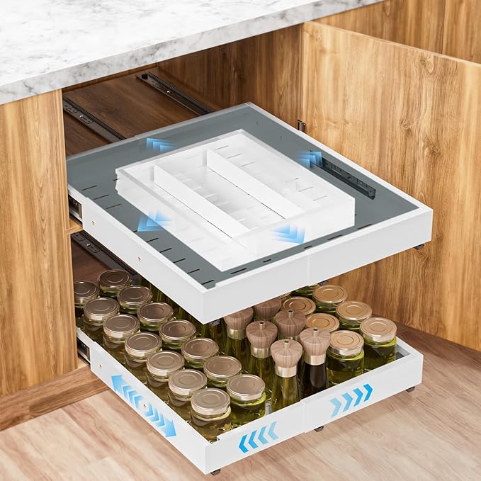 Insputer Pull Out Cabinet Organizer Expandable (12.4"-20.08") W & (16.26"-22.44") D, Slide Out Drawers for Kitchen, Pantry with 2Pcs Magnetic Panel, 3 Slide Rails, No Drill Adhesive Roll Out Shelf