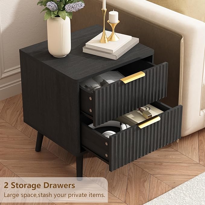 CARPETNAL Fluted Nightstand, Black Bedside Table with 2 Drawers and Gold Handles, Wood End Table Mid Century Night Stands for Bedroom Living Room