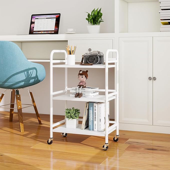 HDANI 3 Tier Rolling Cart Shelves,Heavy Duty Multifunctional Metal Frame-Supports 22 Lbs Per Tier,Rolling Cart with 2 Lockable Wheels for Home, Office,Kitchen,Bathroom,Bedroom,White