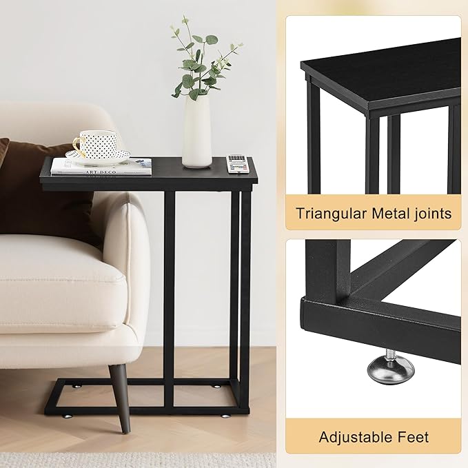 VECELO C Shaped End Side Table for Sofa Couch and Bed Snack TV Tray for Living Room Bedroom, 2 PCS,Black