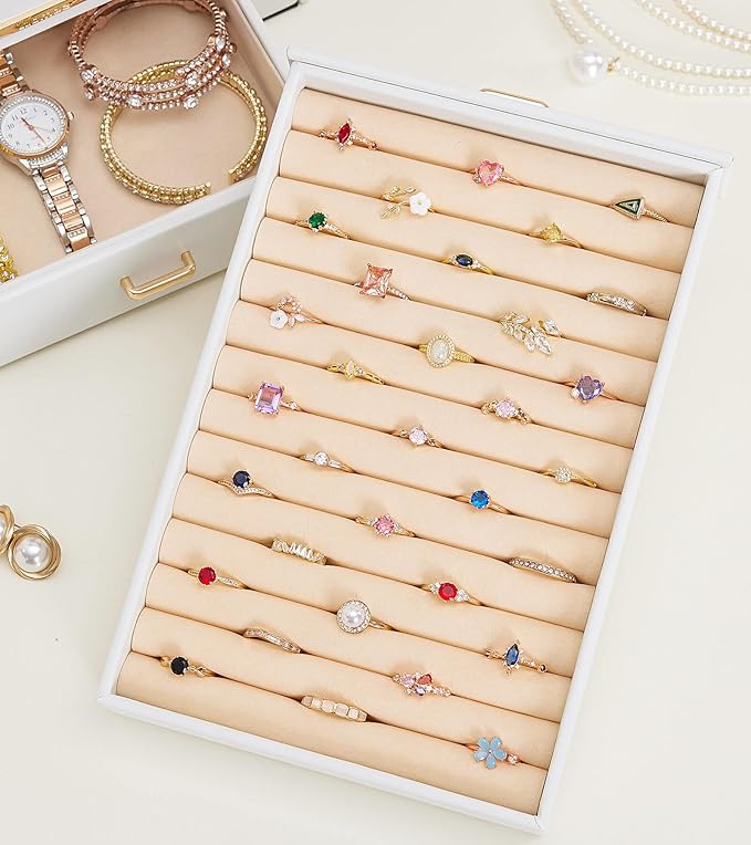 Homde Jewelry Organizer with Transparent Window Necklace Hooks Gift for Women Jewelry Box Display Case for Necklaces Rings Earrings Bracelets and Other Jewelry Accessories (White + Gold)