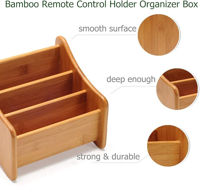 VolksRose Desk Remote Control Holder Multi-Function Coffee Table Office Supplies Storage Organizer, Home Sundries Bamboo Storage Box with 3 Compartments Perfect for Makeup, TV Guide, Pen, Caddy #1