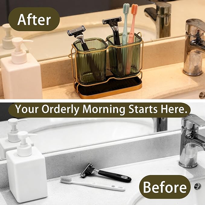2-Pack Green Toothbrush Holders, Wall Mounted or Countertop Toothbrush Holders with Drain Tray, All-in-One Bathroom Organizers and Storage for Toothpaste, Razors, Family & Kids (Green)