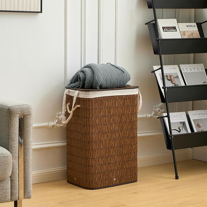 Laundry Hamper with Lid, 18.72 Gallons (72L) Laundry Basket with 2 Removable Liner Bags, Synthetic Rattan Clothes Hamper, laundry organization for bedroom, bathroom, laundry room, Brown