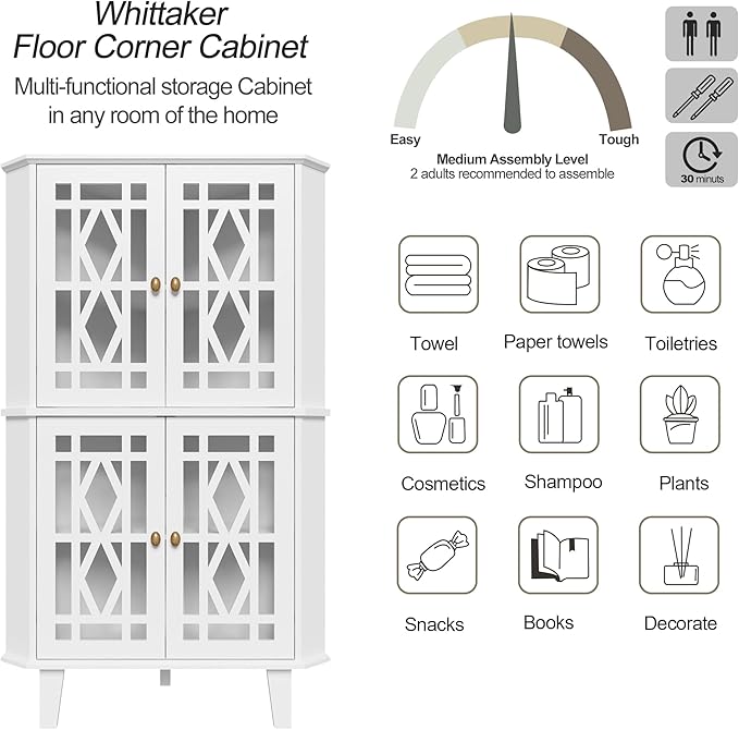 Scurrty Tall Corner Shelf Stand, Large Shelf Corner Table Sideboard Cabinet with 4 Doors and 4-Tier Shelves, Free-Standing Storage Organizer for Living Room, Dining Room & Bathroom (White)