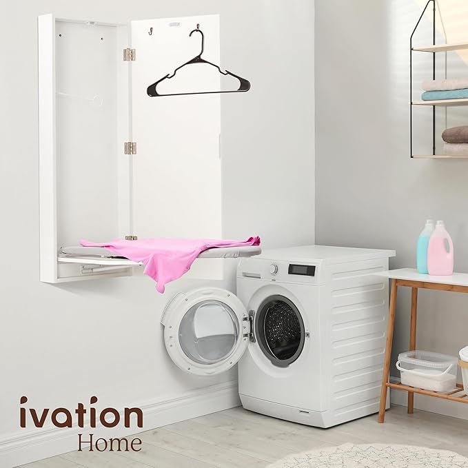 Ivation Wall-Mounted Ironing Board Cabinet, Foldable Ironing Storage Station for Home, Apartment , Easy-Release Lever, Garment Hooks, White