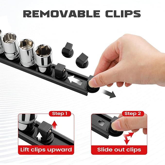 ALOANES 1/2-Inch Drive Magnetic Socket Organizer, Heavy Duty Aluminum Socket Rail Organizer, 360° Swivel Clips Socket Holder Kit for Tool Box, 1/2 Inch Socket Holder x 12 Clips (Black)