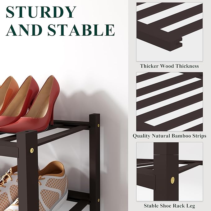 Smiry Bamboo Shoe Rack for Closet, 5 Tier Small Wooden Stackable Shoe Organizer, Free Standing Shoes Storage Shelf for Entryway, Front Door Entrance, Brown