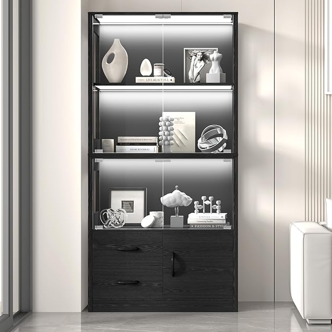 Display Cabinet with Glass Doors, 4-Tier Display Case with 3-Color Lights & Human Body Sensor, Storage Cabinets with 3 Shelves & 2 Drawers for Collectibles/Living/Dining/Game Room, Black Oak