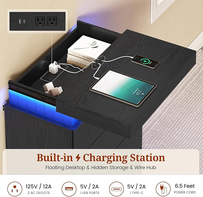 Tall Black 5 Dresser for Bedroom, Sliding Top Storage Space, Modern Wood Drawers with LED Light and Power Outlet, Large Chest of Drawer for Living Room, Hallway, Entryway (5 Drawers,Black)