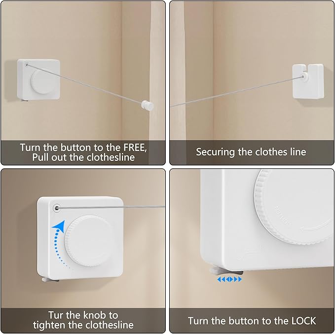15.7Ft Retractable Clothesline Indoor an Anti-sag Retractable Clothesline Outdoor,Laundry Line Wall Mounted Stainless Steel Wire Laundry, with 12 Clip(White)