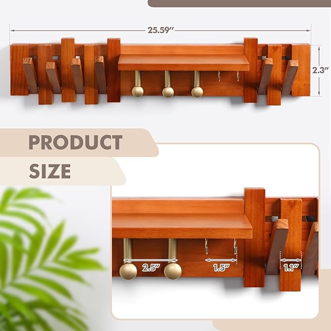 Zingoetrie Wooden Coat Rack Wall Mount Red Brown 11 Hooks Key Holder Umbrella Entryway Shelf Housewarming Holiday Gifts