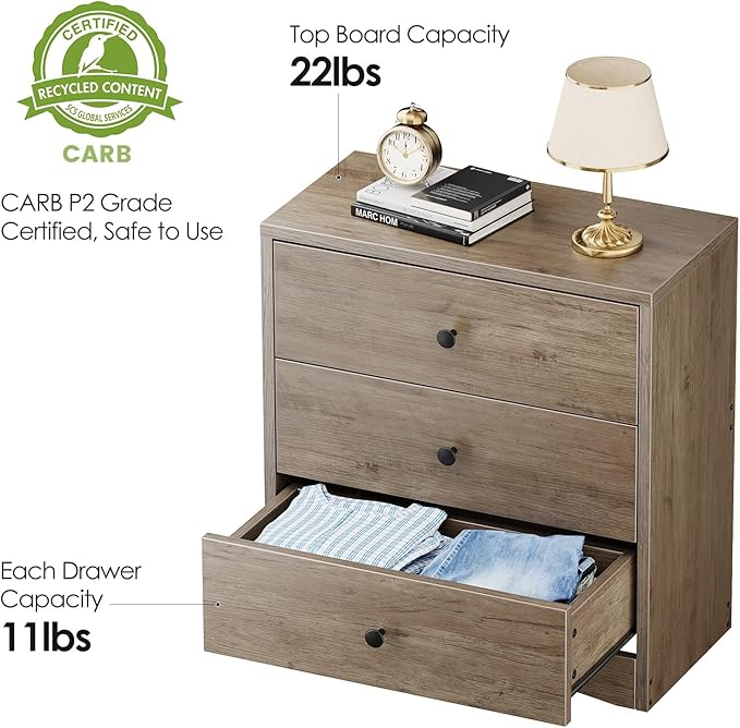 Nightstand, Bedside Tables, Farmhouse Wood Night Stand with 3 Storage Drawers, Small Wooden Dresser Chest of Drawers Bedside Cabinet for Bedroom Small Spaces, Gray