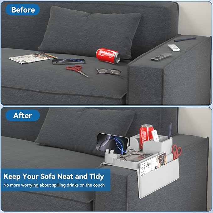 Couch Arm Cup Holder CLESOO Couch Arm Tray Anti-Slip Couch Cup Holder Silicone Sofa Armrest Tray Dual Side Pocket Couch Drink Holder Sofa Caddy Arm Remote Holder Snack Caddy with Phone Holder Grey