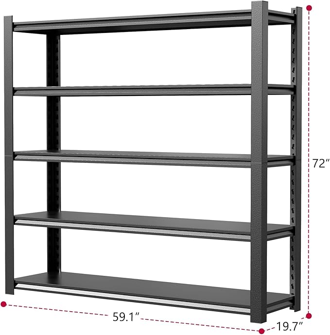 59" W Storage Shelves 2500LBS Garage Shelving Heavy Duty 5 Tier Adjustable Shelving Unit Metal Storage Rack for Basement, Pantry, Kitchen, Warehouse 19.7" D x 59" W x 72" H
