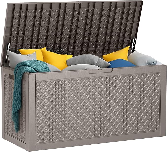 100 Gallon Resin Deck Box, Lockable Outdoor Storage Box for Patio Cushions Storage Furniture,Garden Tools, Pool Supplies, Weatherproof and UV Resistant (Grey L)