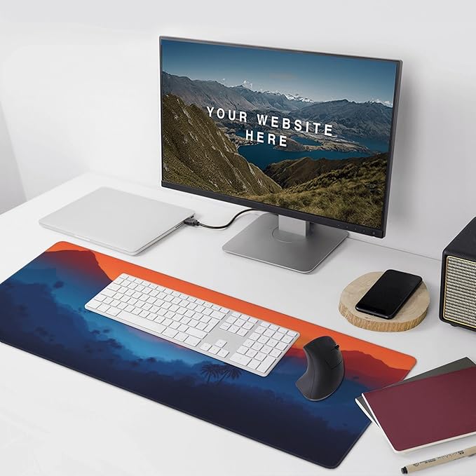 Twilight Mountain Palm Trees Large Mouse Pad, Vintage Aesthetic Gaming Desk Mat, XXL Keyboard Desk Pad Mat for Desktop, 35.4"x15.7" Non-Slip Base Big Mousepad with Stitched Edges