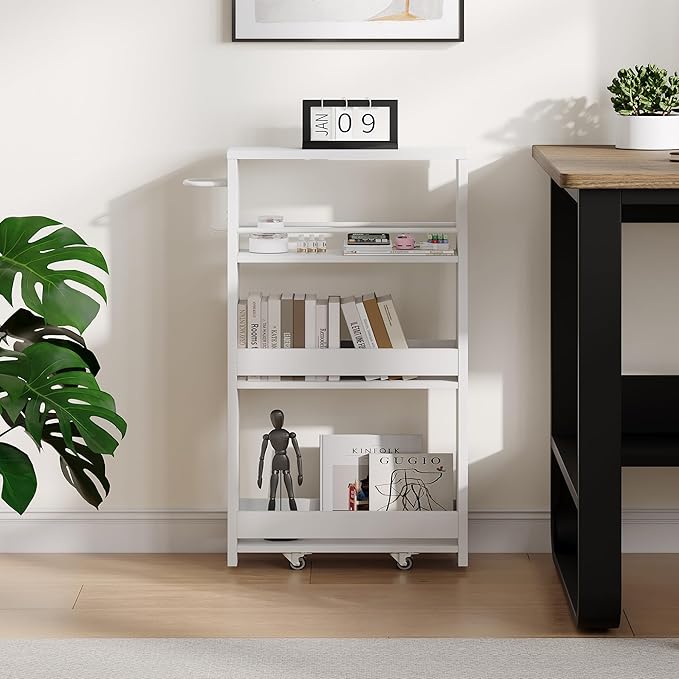 ChooChoo 4-Tier Slim Storage Cart with Handle, 5.51" W Rolling Utility Cart on Universal Wheels, Kitchen Cart Mobile Shelving Organization for Laundry Room, Bathroom & Narrow Places, White