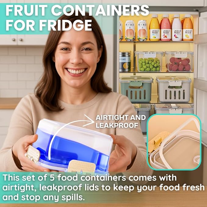 5-Pack Fruit Containers for Fridge Keep Fresh – Airtight Food Containers with Lids, Produce Saver with Removable Colander, Fridge Organizers, Microwave & Dishwasher Safe (White)