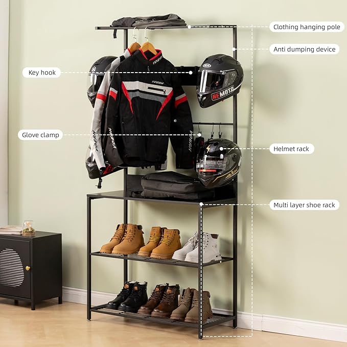 Motorcycle & Sports Helmet Rack & Gear Organizer – Fits 7 Helmets, Jackets, Boots & Gloves – Heavy-Duty Steel + Wood Storage Shelf for Home or Garage