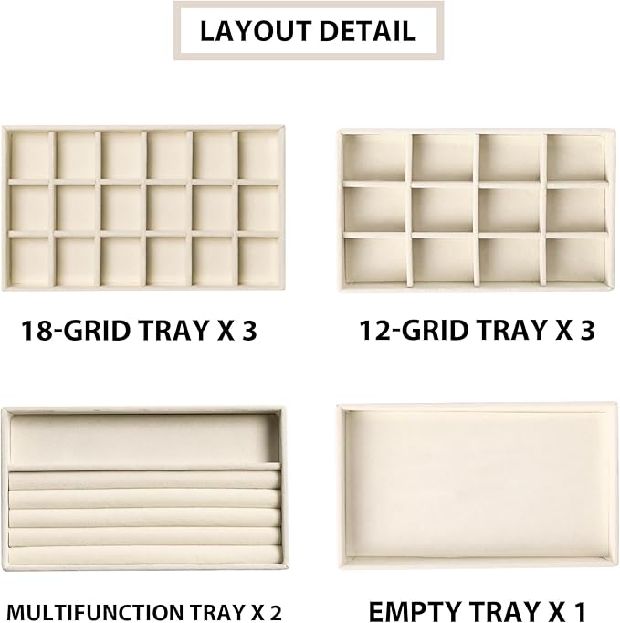 Frebeauty Jewelry Organizer Tray,Stackable Velvet Jewelry Trays,Drawer Inserts Earring Organizer For Women Jewelry Storage Display Case for Rings Stud Necklaces,Set of 9(Beige)