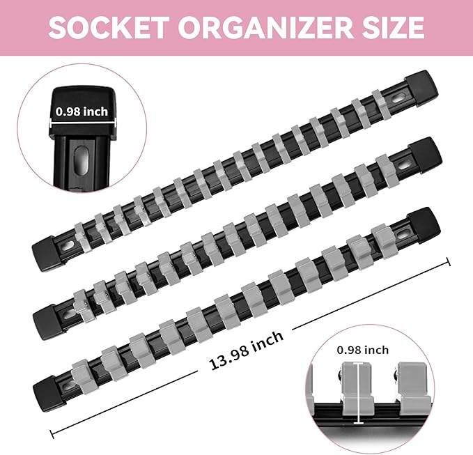 Socket Organizer Drive ABS Tools - Grey Socket Holder, Premium Quality 9 Pieces Socket Holders Kit 1/4-Inch x 48 Clips, 3/8-Inch x 45 Clips, 1/2-Inch x 36 Clips（9PC,Grey)