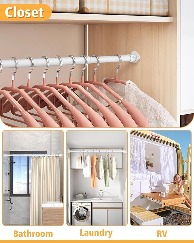 Closet Rod, 17 to 28 Inch Heavy Duty Adjustable Metal Clothing Rack for Hanging Clothes, Closet Poles for Wardrobes, Laundry, Durable Steel, White
