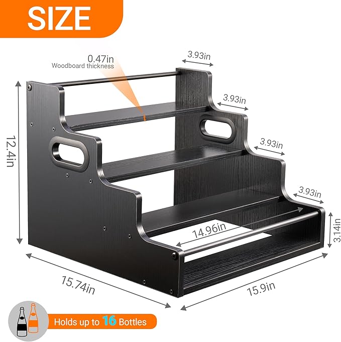 2 Pack 4-Tier Liquor Bottle Display Shelf, 16-Inch Wooden Bar Shelves for Liquor Bottles, Countertop Whiskey Shelf and Bourbon Shelf Organizer for Home Bar, Kitchen（Black）