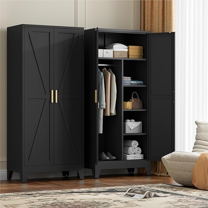 71" Tall Metal Wardrobe Closet with Adjustable Shelves and Hanging Rod, 2 Doors Office Storage Locker Cabinet for Home, Office, Bedroom, Laundry Room, Black