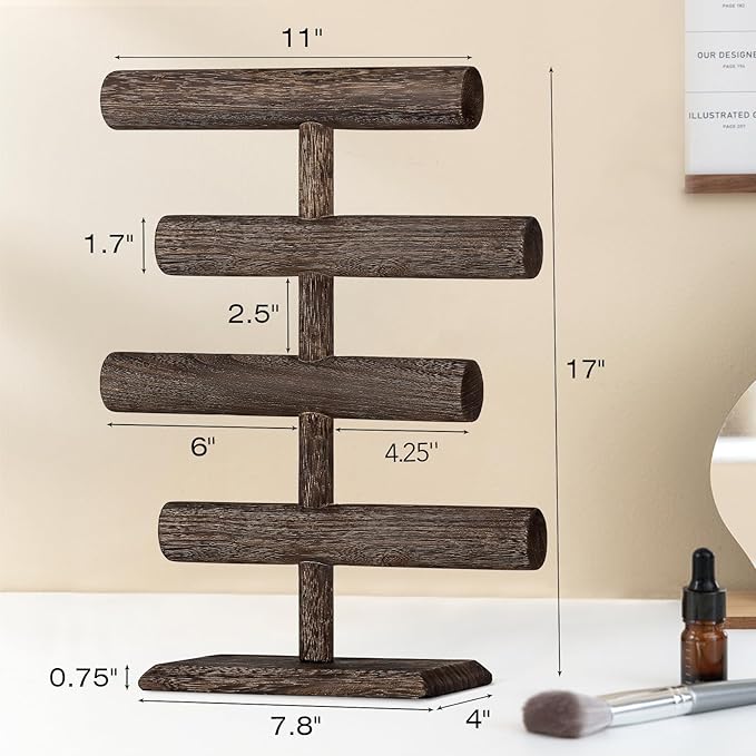 LadyRosian 4 Tier Wooden Display Jewelry Accessory Stand Jewelry Bracelet Holder Bangle Watch Necklace Storage Jewelry Holder Stand Display Organizer (Brown-4 layers)