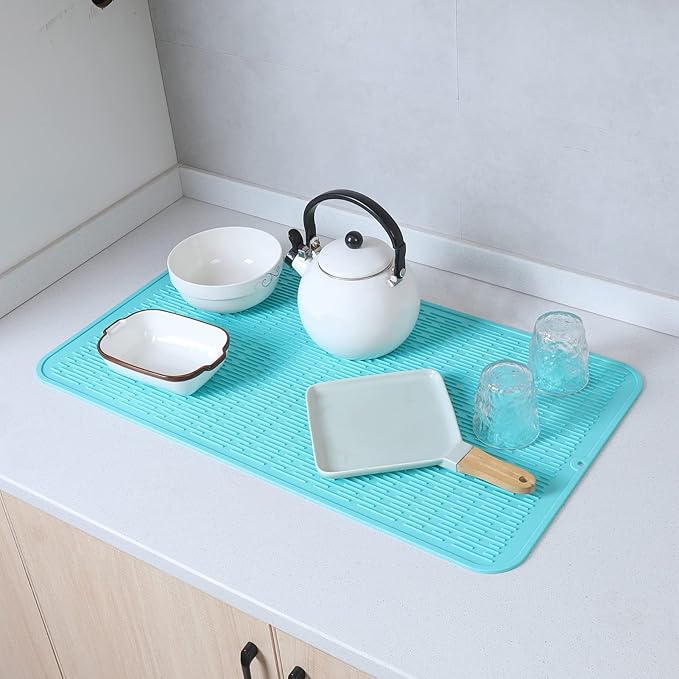 Silicone Dish Drying Mat for Multiple Usage,Easy clean,Eco-friendly,Heat-resistant Silicone Mat for Kitchen Counter or Sink,Refrigerator or Drawer Liner Mint 4XL 32 inches x 18 inches