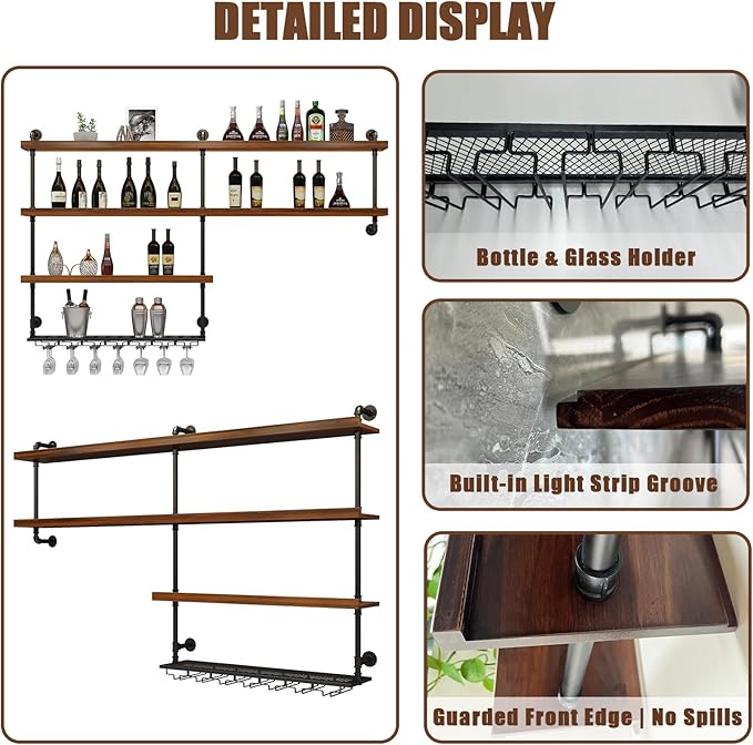 Solid Wood Wall Mounted Wine Rack, Large Wine Rack with LED Light, 4 Tiers Liquor Bottles Floating Shelves with Glass Holder, Industrial Bar Shelves for Home Bar Dining Room (70.9 IN/ 180CM)