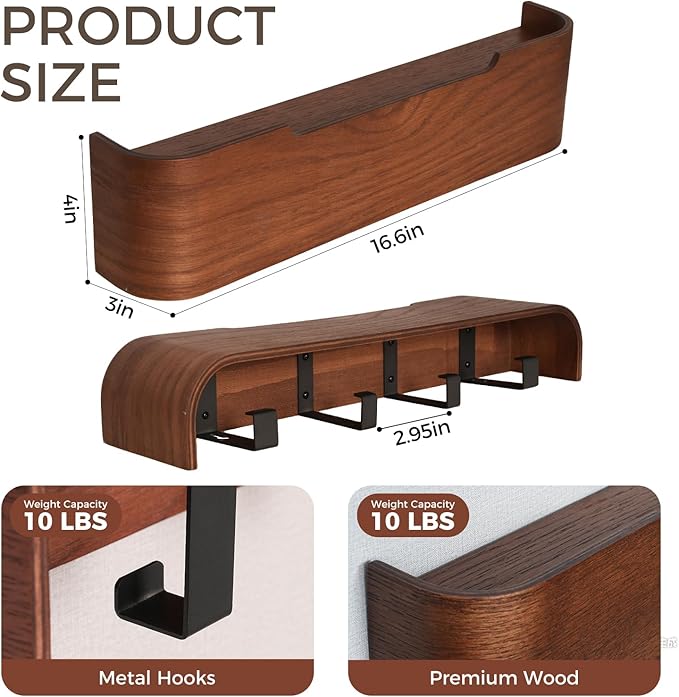 Wall Coat Rack Floating Shelves Modern Coat Rack Wall Mount with Storage Entryway Shelf Wooden Hanger 20 Inch 4 Hidden Metal Hooks for Living Room Bedroom (Walnut Color, 4 Hooks)
