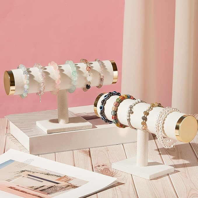 Wenqik 4 Pcs Bracelet Holder Stand Beige Velvet Bracelet Jewelry Display Holder for Vendors Scrunchies Selling Bangle Watch Hair Ties Organizer(Beige, Gold)