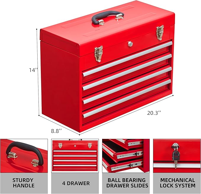 Metal Tool Box with 4 Drawers Portable Steel Tool Chest with Metal Cylinder Lock and Latch Closure, Liner, Red Powder Coating, Suitable for Garage, Warehouse and Outdoor Repair Job-Red