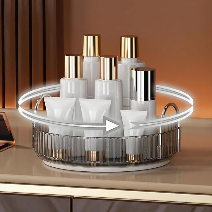 YCIA&DONE 360 Rotating Makeup Organizer and Storage for Vanity Countertop 1 Tier, High Capacity Cosmetic Skincare Perfume Organizers for Dresser Bathroom Fridge Lazy Susan (Smoky Gray)