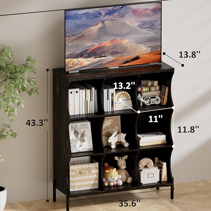 9 Cube Storage Shelf Organizer, Low Book Shelf Bookcase Entryway Table, Wood Closet Storage Display Cabinet TV Stand for Living Room, Office,Bedroom, Dorm, Dark Brown with Dark Brown Top