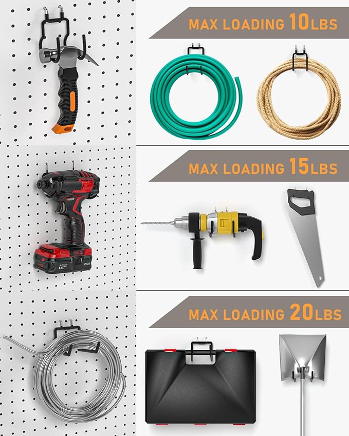 INCLY 24 Pack Heavy Duty Pegboard Hooks, 1/4" Pegboard Drill Holder Tool Utility Hooks, Peg Board Tool Hangers Accessories for Hanging Power Tools, Drill, Hammer, Workbench, Garage