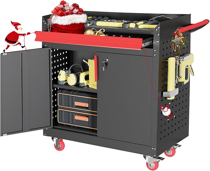 Metal Garage Storage Cabinet with Wheels,Lockable Storage Cabinets with Adjustable Shelf,Steel Tool Locker with Pegboard and Handle for Garage,Warehouse