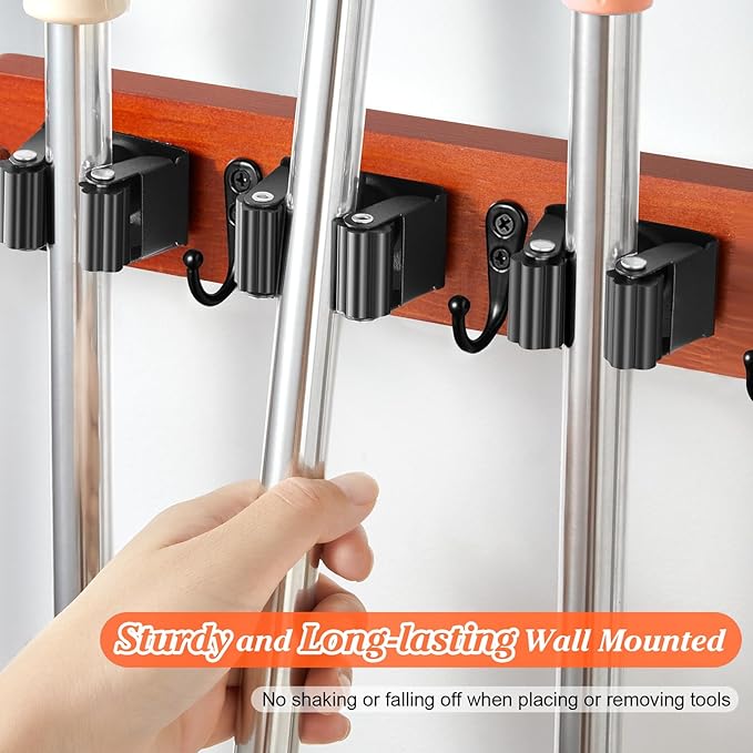 Brown Broom Holder Wall Mount - Heavy Duty Wood Mop and Broom Organizer with 5 Slots & 4 Hooks - Tool Hanger for Laundry Room Closet Kitchen Garage Storage and Organization - for Rusic farmhouse Decor
