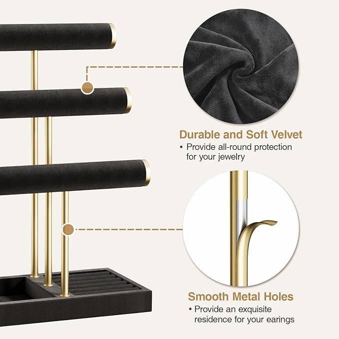 3 Tier Bracelet Holder Display - Detachable T Bar Black Velvet Bracelet Holder, Jewelry Holder Organizer for Bracelet, Necklace, Watches, Rings