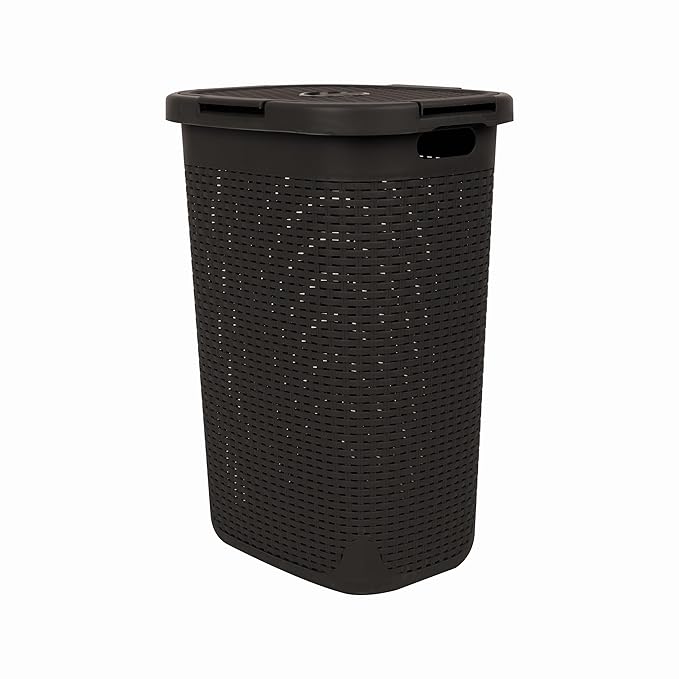 Mind Reader Slim Laundry Hamper with Lid, 60L Clothes Basket, Premium Wicker Design, Plastic, Brown