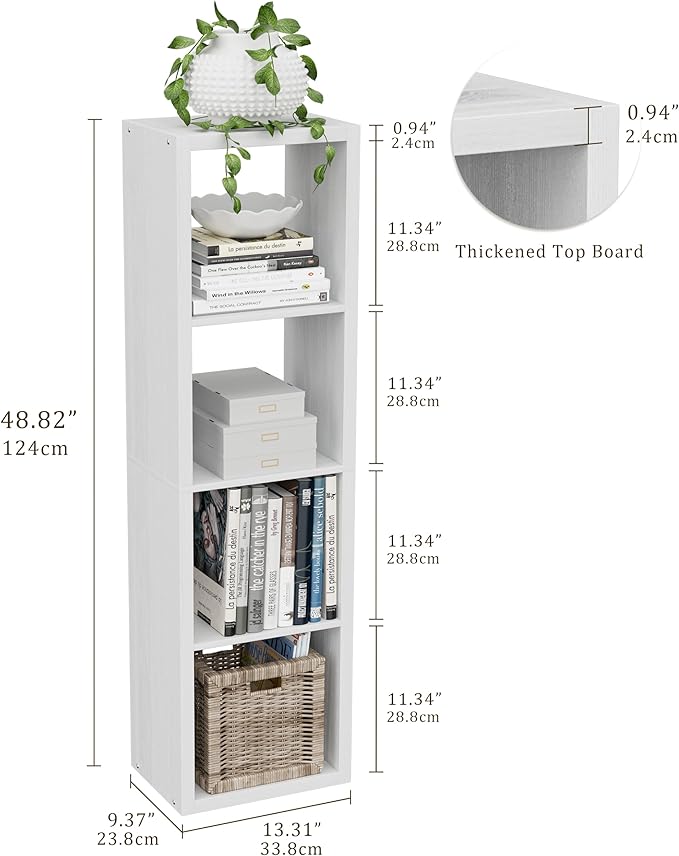 Cube Storage Organizer Bookcase, Small 4 Tier 11 inch Open Back Cubical Shelf with Thickened Border, Display Bookshelf for Living Room, Home Office, Sturdy Room (White, 4 Cube,Vertical)