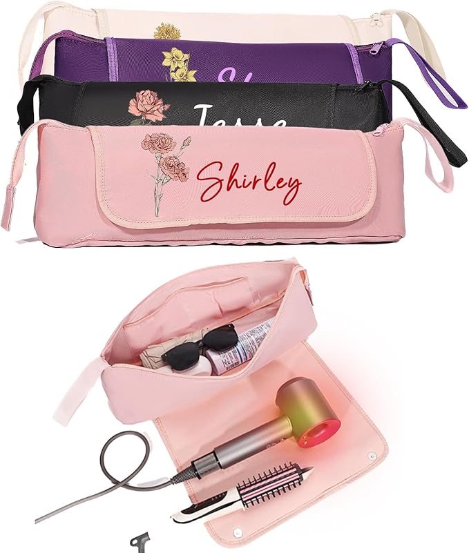 Personalized Hair Tool Bags with Heat Resistant Mat for Curling Iron & Flat Iron, Custom Name & Birth Flower Travel Bag for Hair Tools, curling iron bag for Women & Stylists (Style1)