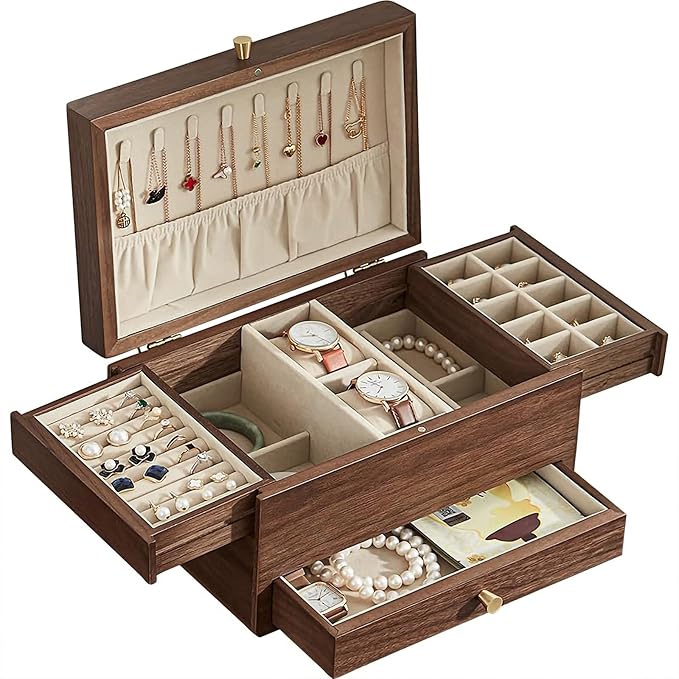 Wooden Jewelry Box for Women, 3 Level Multi-functional Drawers Black Walnut Jewelry Organizer Box, Watch, Necklace, Ring, Earring Storage - Gifts (No Mirror)