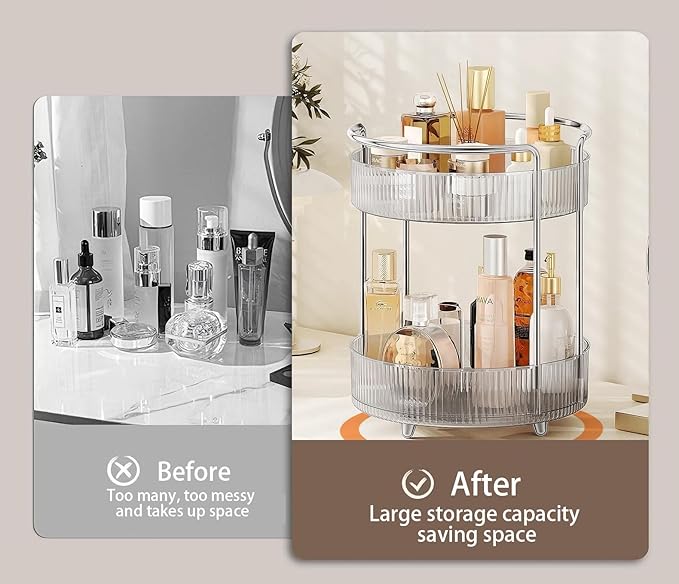 360° Rotating Makeup Organizer for Vanity, Skincare Perfume Organizers and Storage for Bathroom Countertop, Clear Makeup Brush Holder Lazy Susan for Counter (Transparent, 2 Tier)