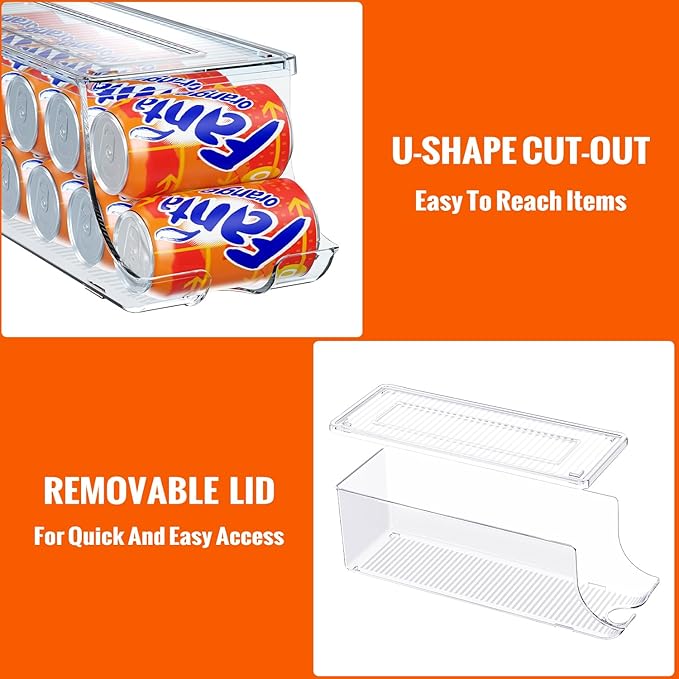 Soda Can Organizer for Refrigerator, Stackable Canned Food Pop Cans Container Can Holder Dispenser with Lid for Fridge Rack Freezer, Clear Storage Bins-Holds 12 Cans Each (One)