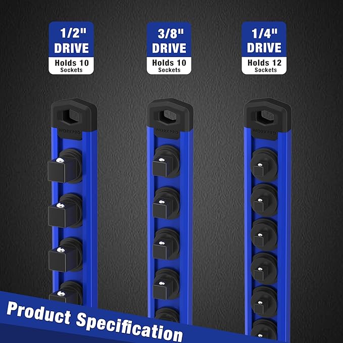 WORKPRO Magnetic Socket Organizer, 1/2-Inch Drive Aluminum Alloy Socket Rail, Heavy Duty Socket Holder, Socket Rack Kit 1/2-Inch x 10 Clips (Blue)