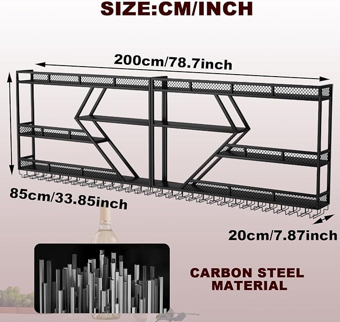 78.7in Wine Rack Wall Mounted, Modern Wine Storage Rack Wall Mounted with Wine Glass Holder, Liquor Shelf, Bar Shelves for Liquor Bottles (3TIERS Gold, 78.7 * 7.87 * 33.85INCH)